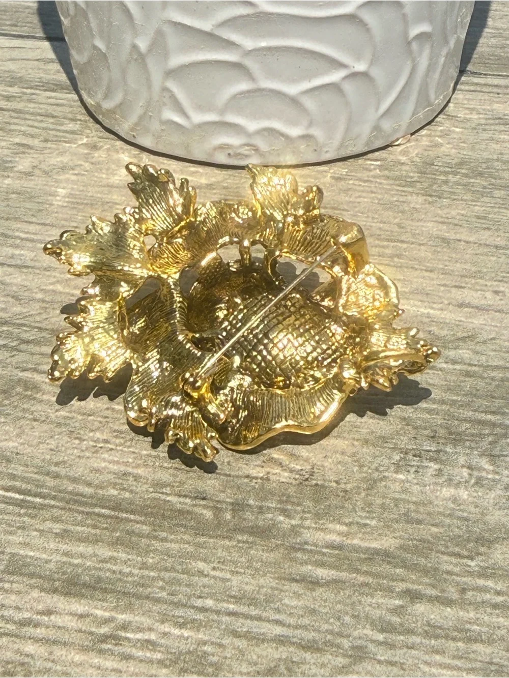 NWT Gold-Tone Floral Rose Statement Brooch with Blue Teardrop Crystal or Pendant